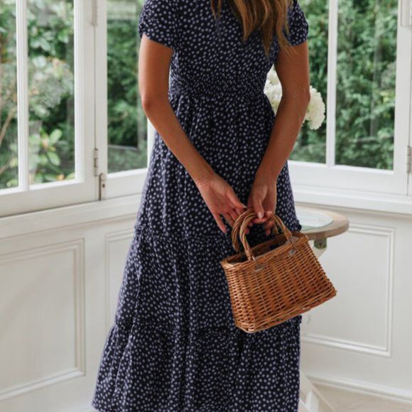 Women's Spring Summer Casual Cute Boho Floral Print Long Midi Dress- Navy Blue - Picture 3 of 4